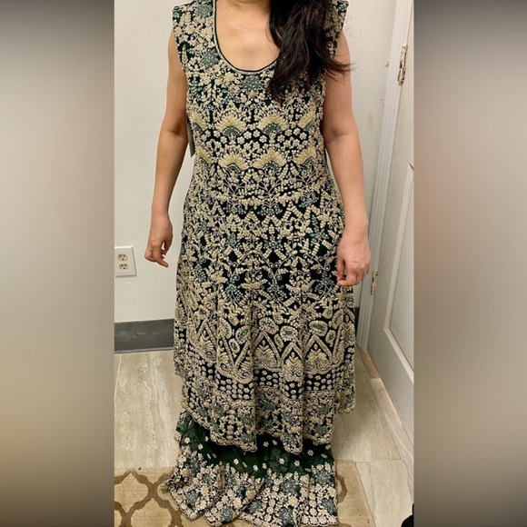 Green and Gold Sharara Suit - Picture 2 of 3